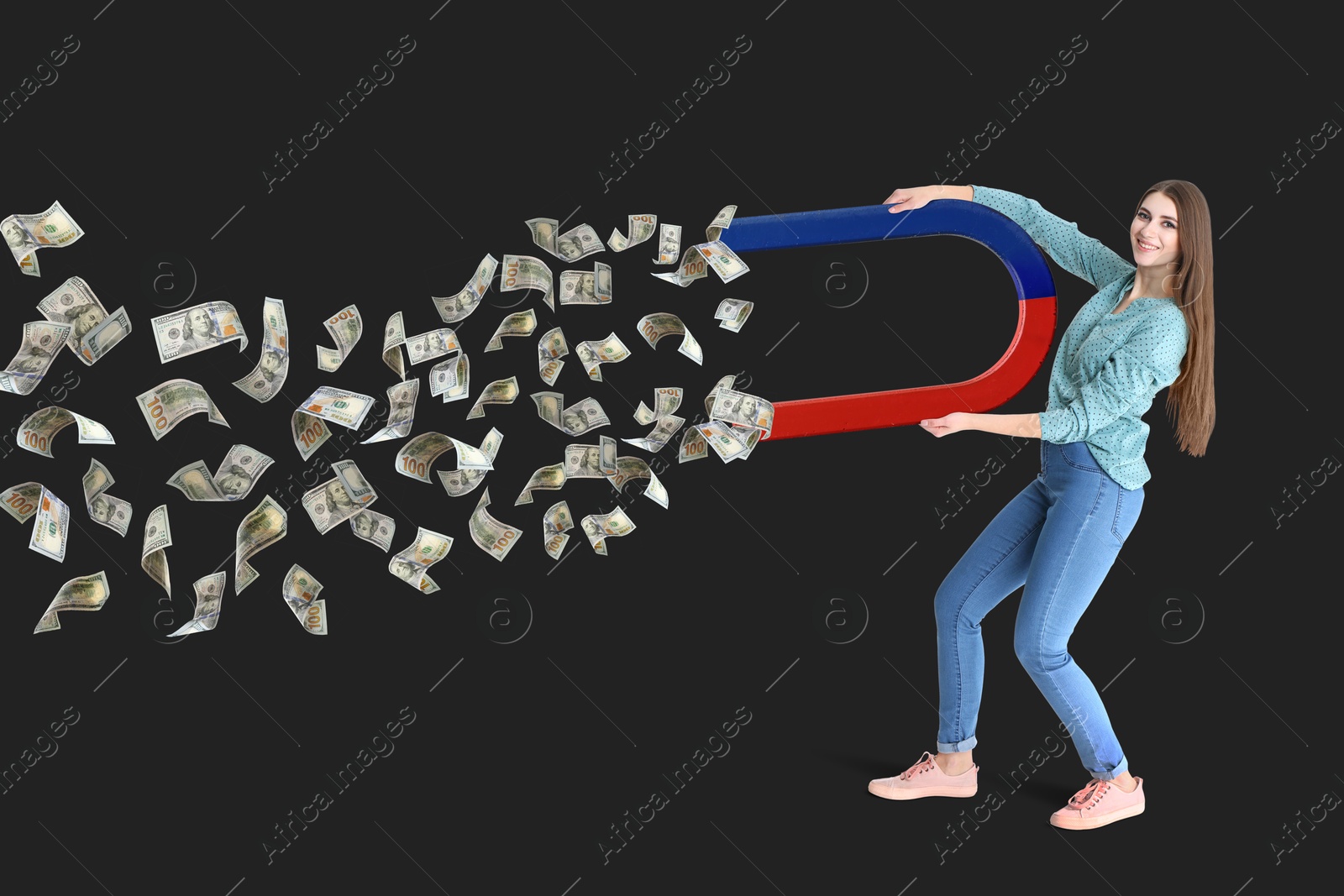 Image of Happy woman attracting dollar bills with magnet on black background. Concept of money earning