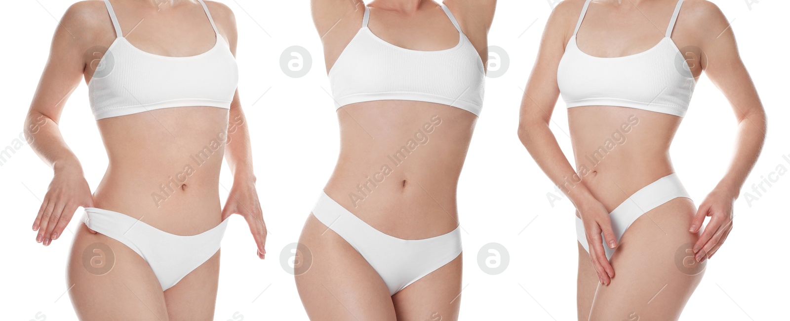 Image of Beautiful woman with perfect slim body posing on white background, collage