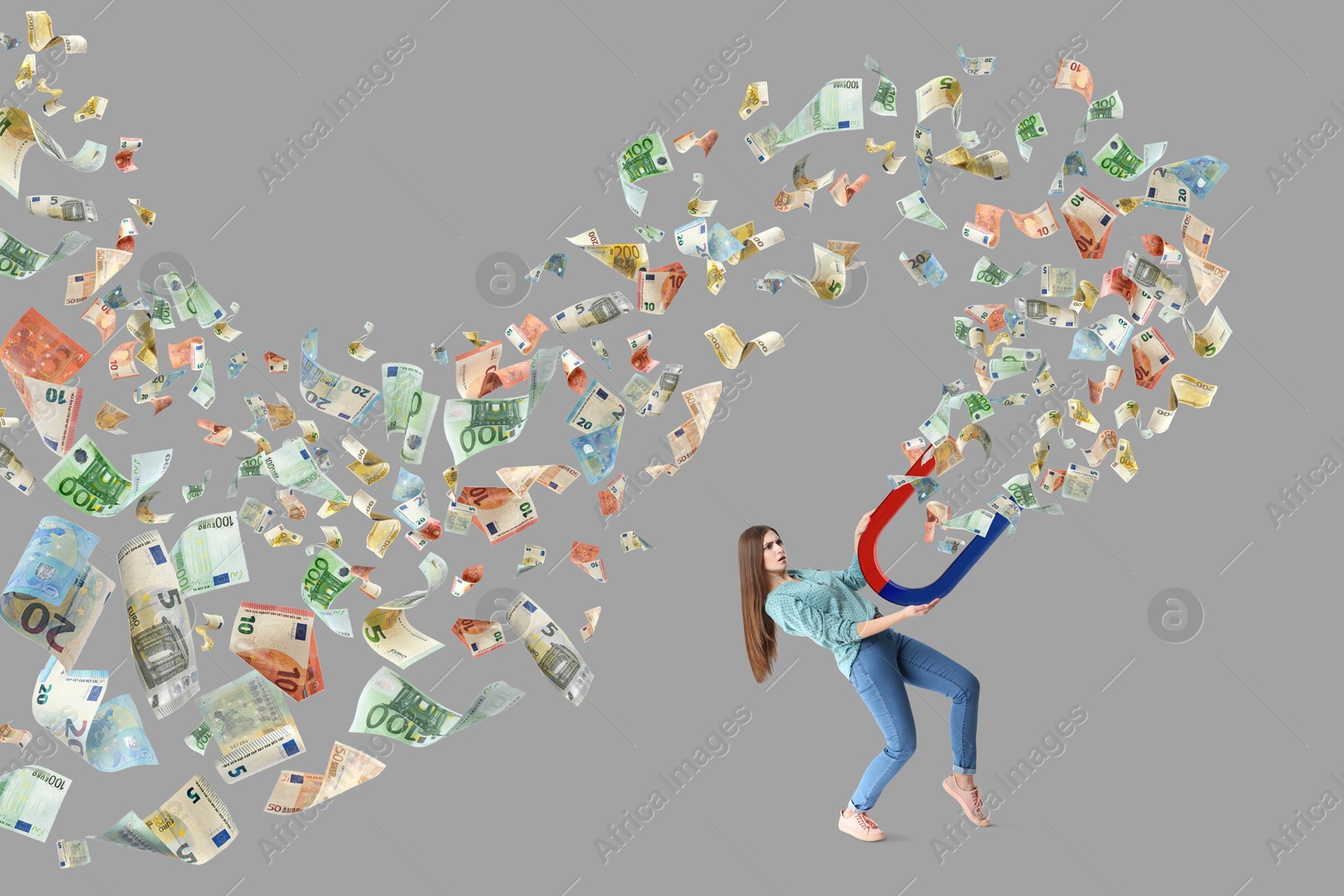 Image of Woman attracting euro bills with magnet on grey background. Concept of money earning