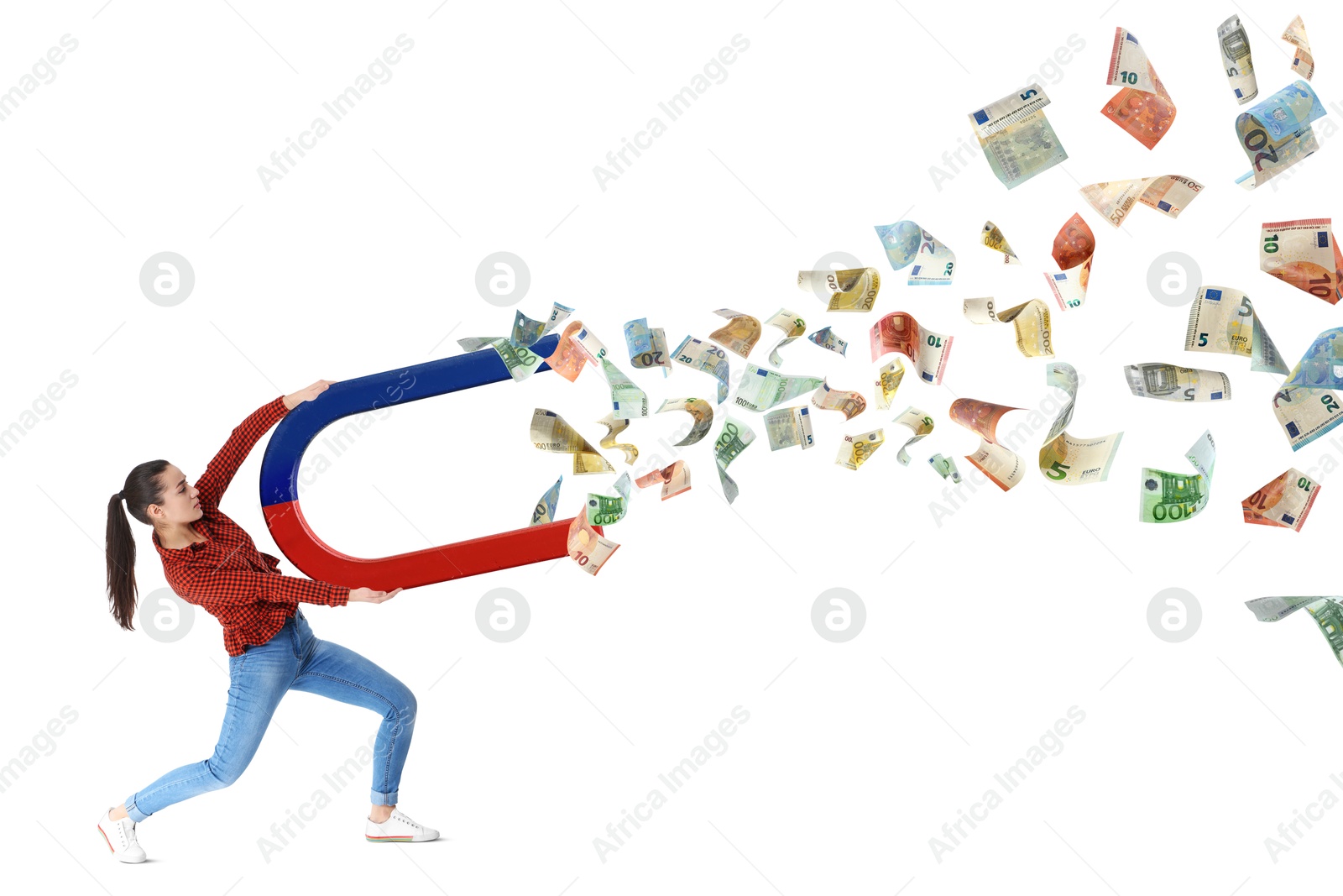 Image of Woman attracting euro bills with magnet on white background. Concept of money earning