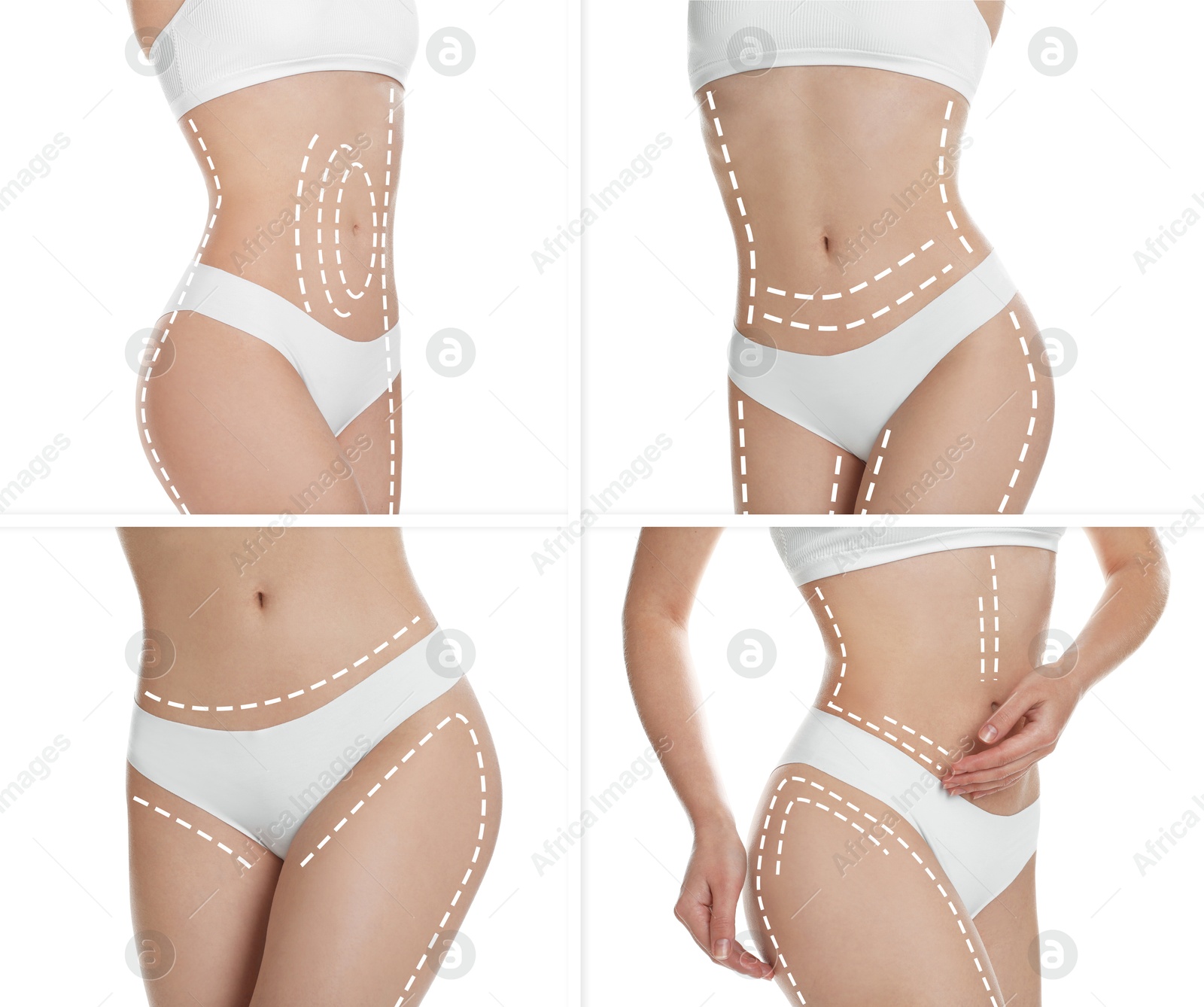 Image of Beautiful woman with perfect slim body posing on white background, collage. Lines on skin repeating figure