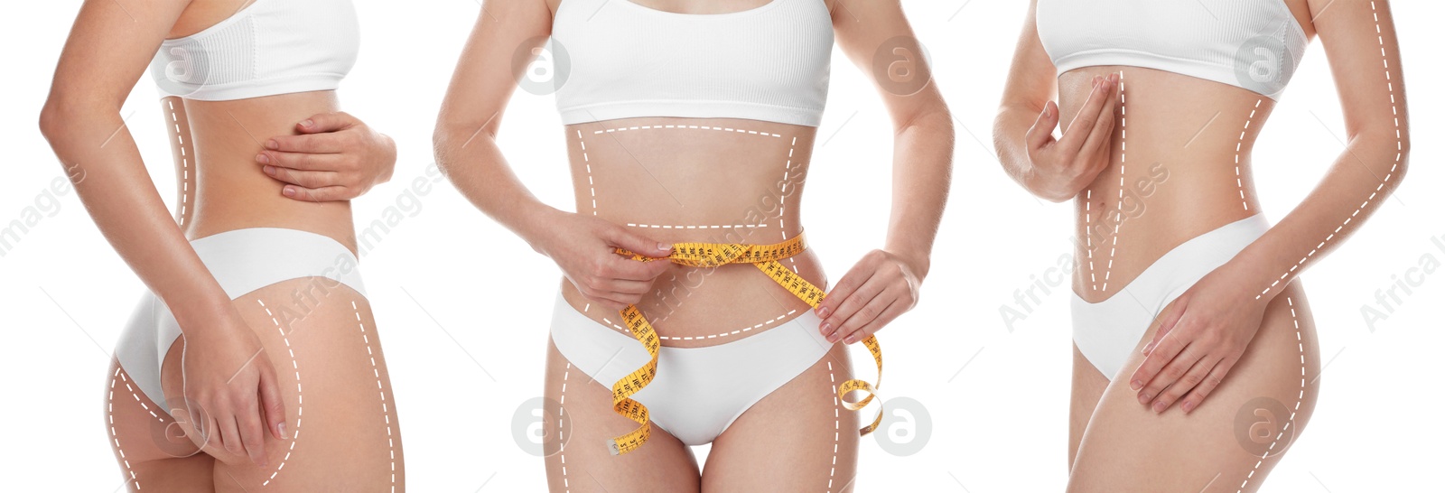 Image of Beautiful woman with perfect slim body posing on white background, collage. Lines on skin repeating figure