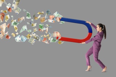 Image of Businesswoman attracting euro bills with magnet on grey background. Concept of money earning