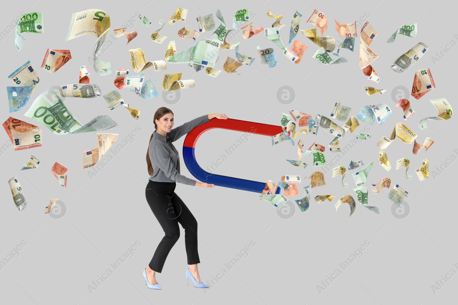 Image of Businesswoman attracting euro bills with magnet on light grey background. Concept of money earning