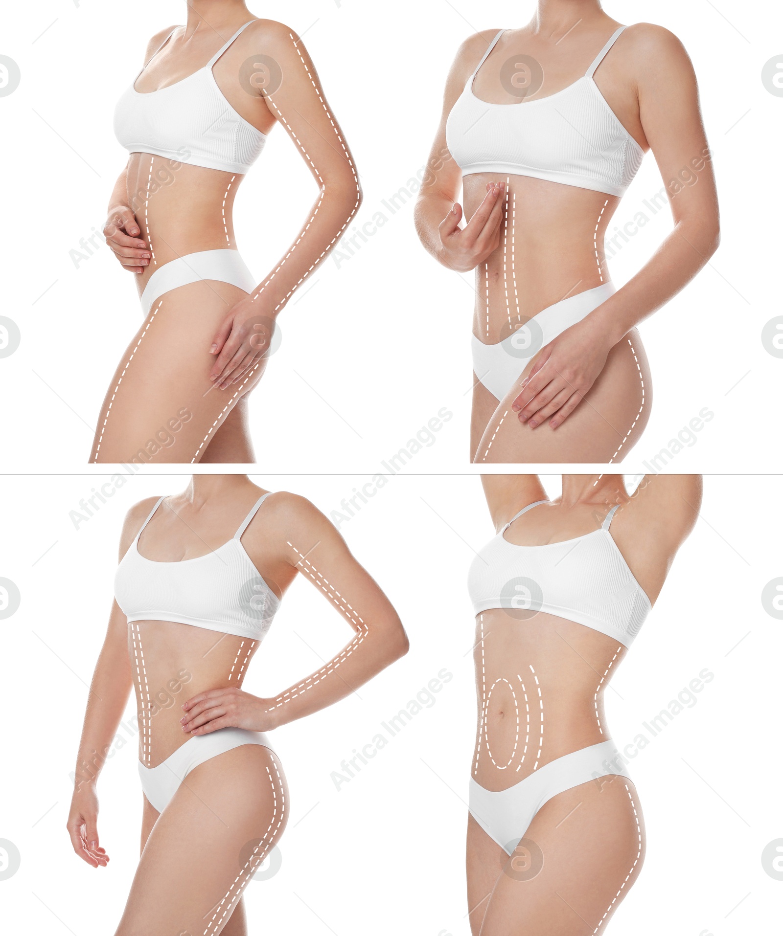 Image of Beautiful woman with perfect slim body posing on white background, collage. Lines on skin repeating figure