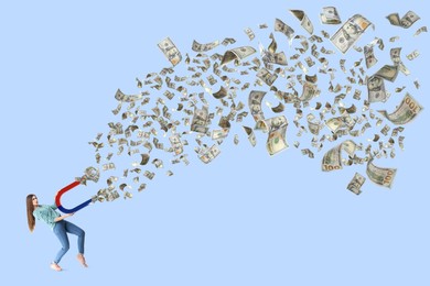 Image of Woman attracting dollar bills with magnet on light blue background. Concept of money earning