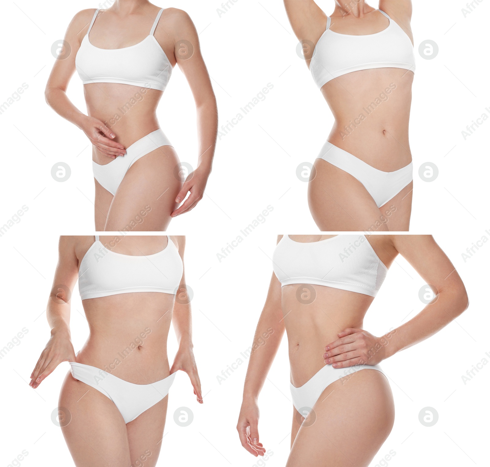 Image of Beautiful woman with perfect slim body posing on white background, collage