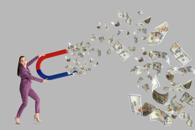 Businesswoman attracting dollar bills with magnet on light grey background. Concept of money earning