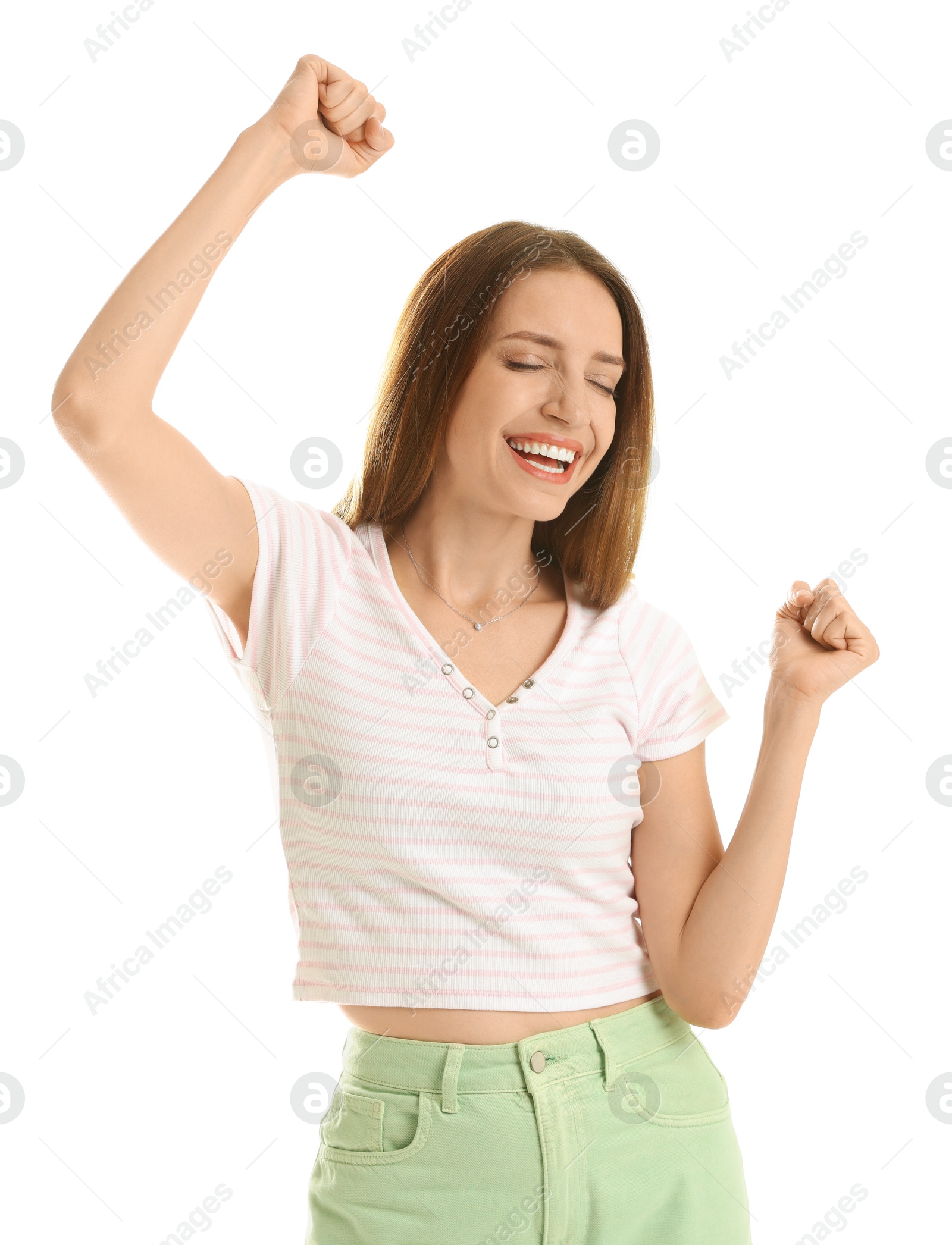 Photo of Portrait of happy winner on white background