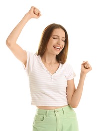 Photo of Portrait of happy winner on white background