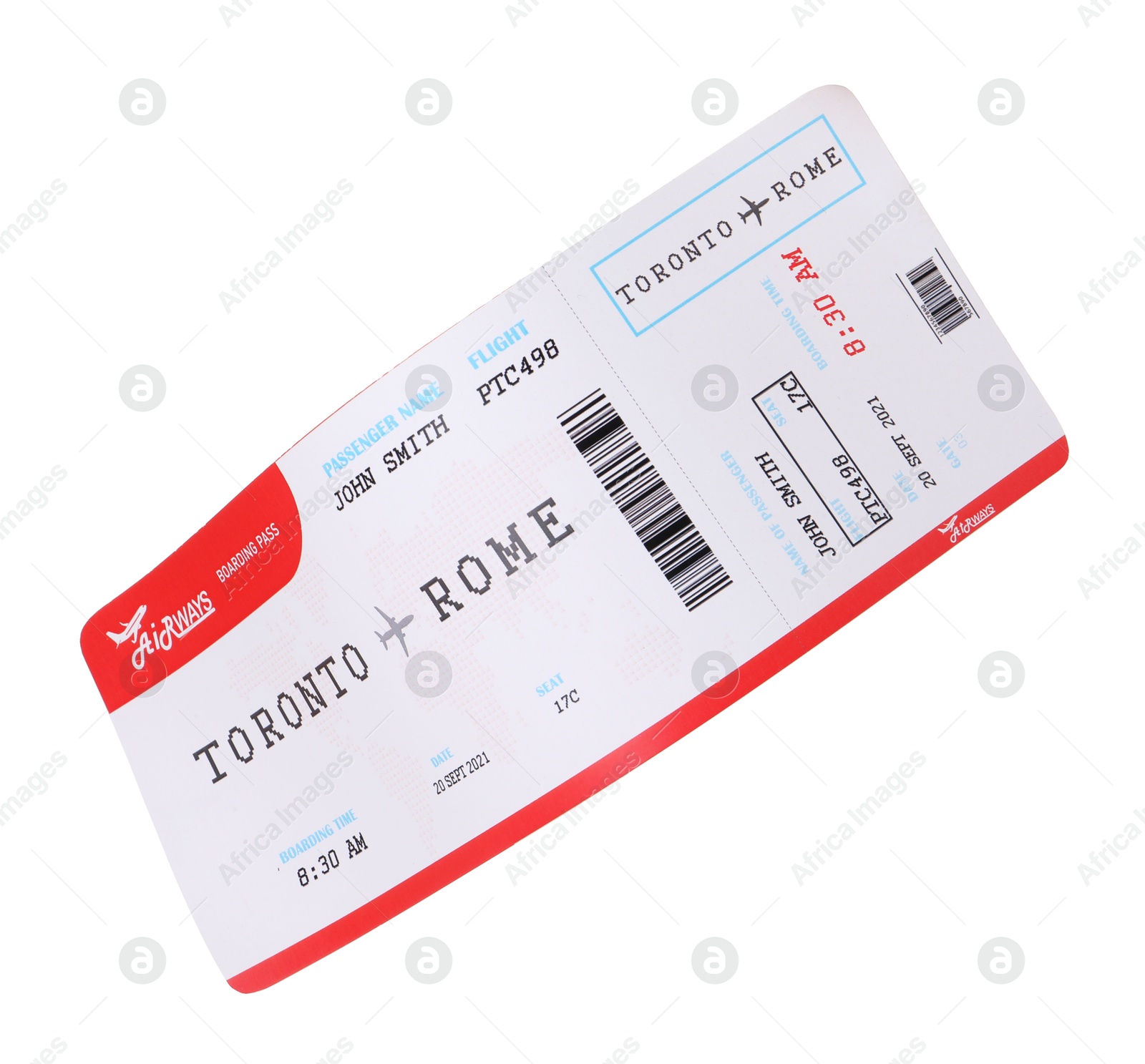 Photo of One airplane ticket isolated on white. Traveling abroad