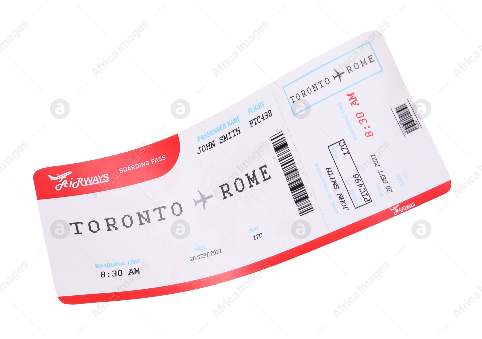 Photo of One airplane ticket isolated on white. Traveling abroad