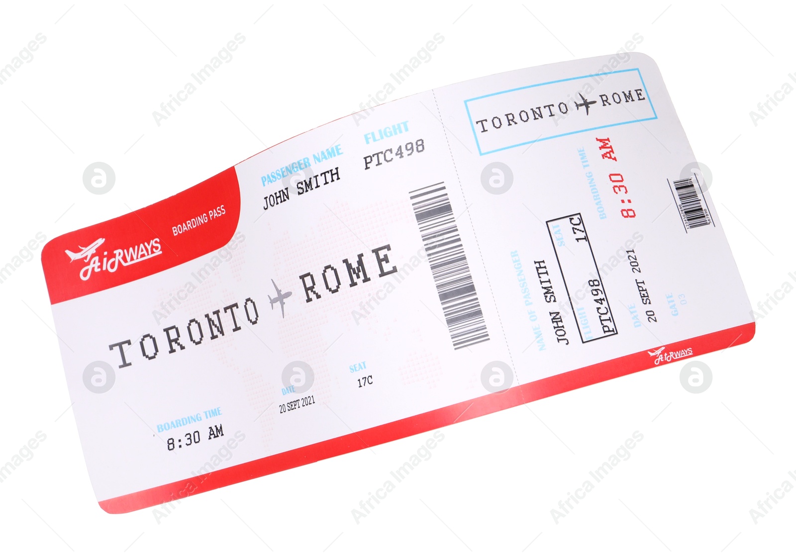 Photo of One airplane ticket isolated on white. Traveling abroad