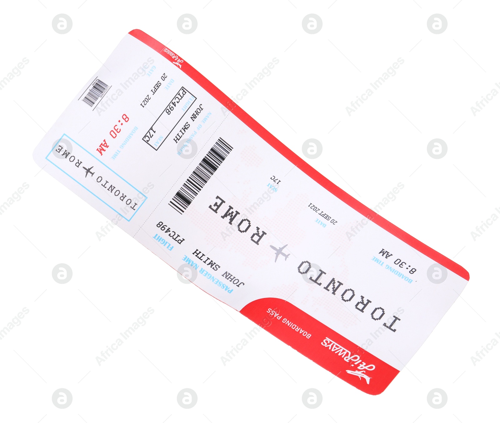 Photo of One airplane ticket isolated on white. Traveling abroad