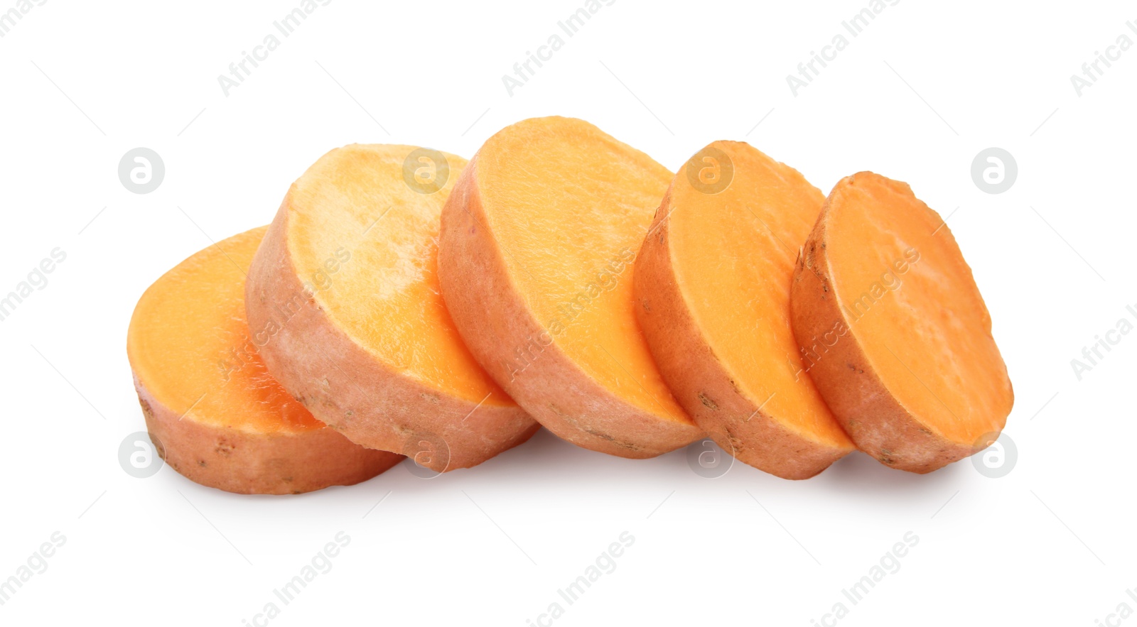 Photo of Pieces of raw sweet potato isolated on white