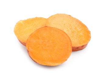 Photo of Pieces of raw sweet potato isolated on white