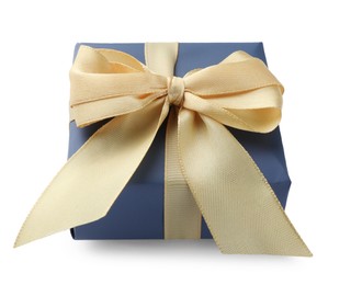 Photo of Beautiful gift box with golden bow isolated on white