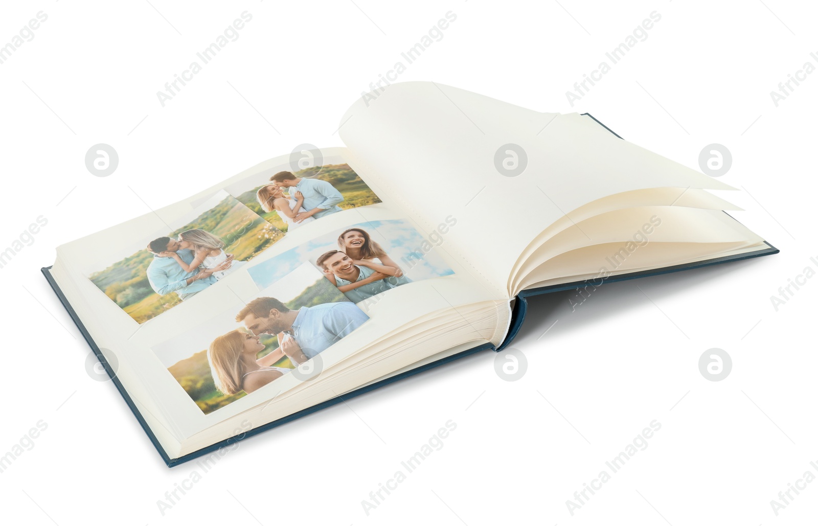 Photo of Open photo album with different photos isolated on white