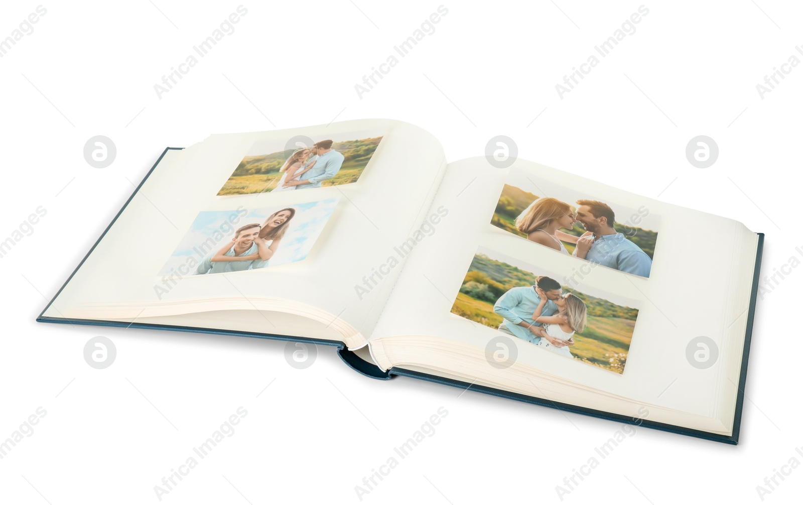 Photo of Open photo album with different photos isolated on white