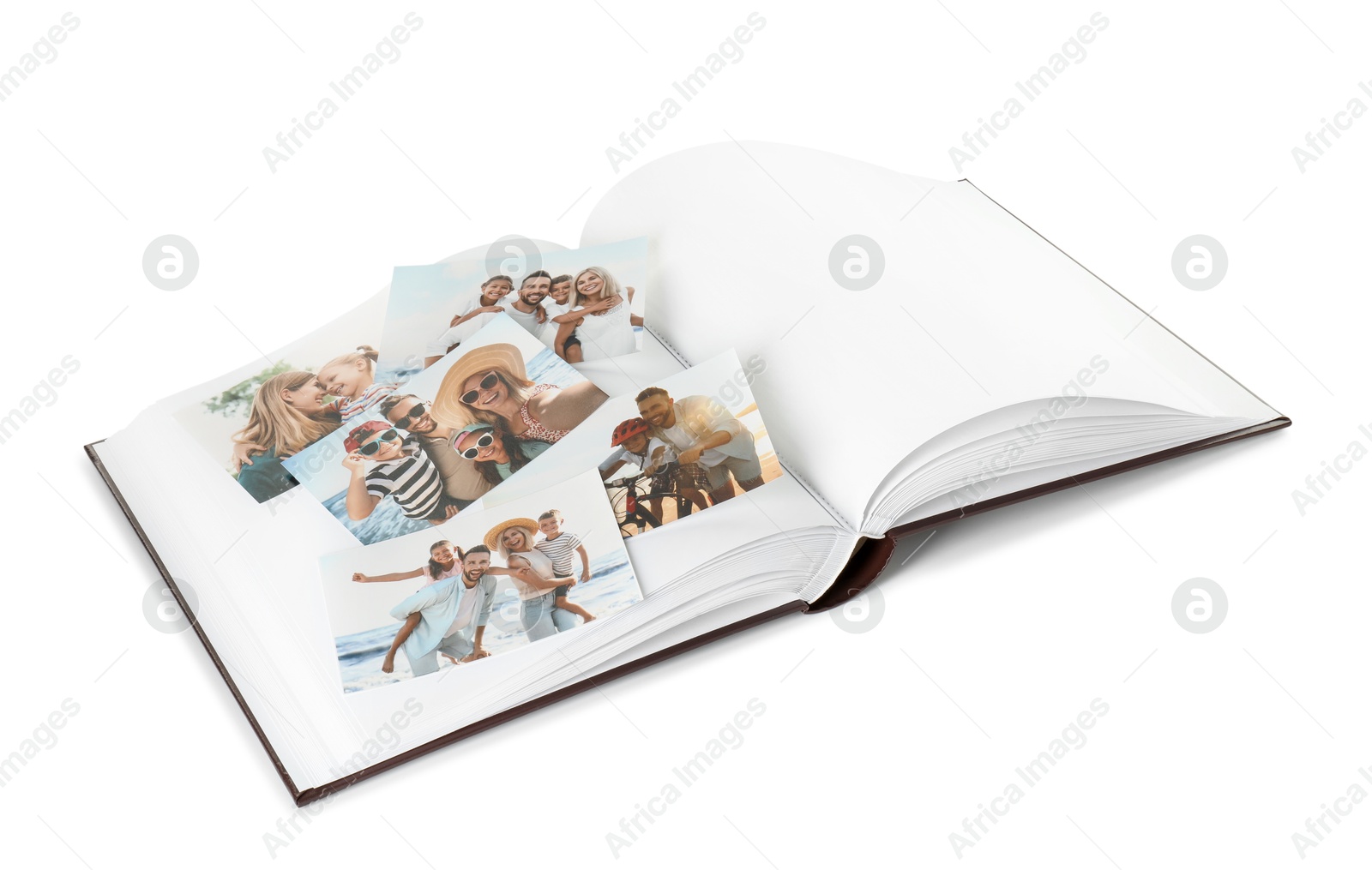 Photo of Open photo album with different photos isolated on white