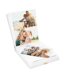 Photo of Open photo album with different photos isolated on white