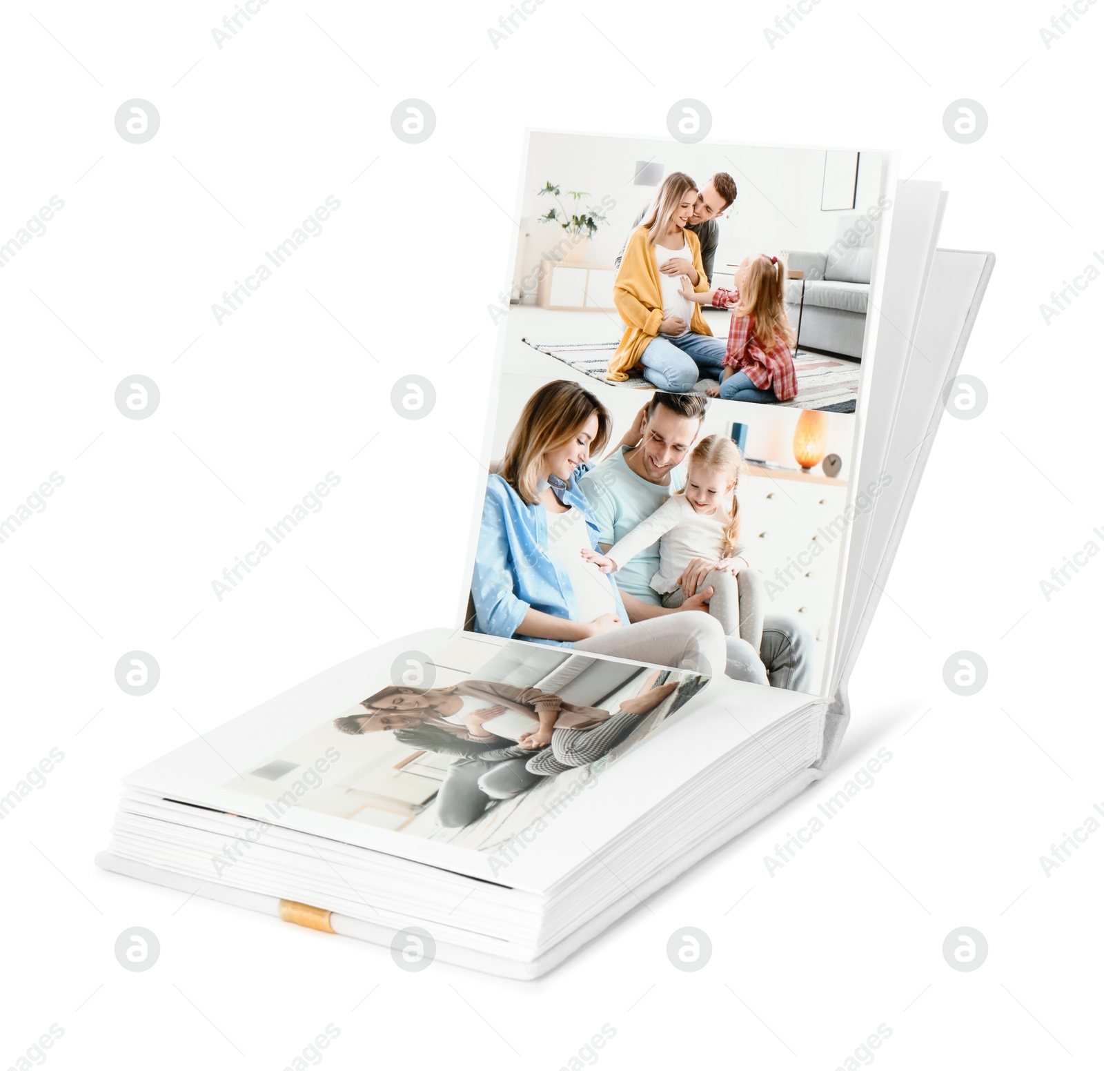 Photo of Open photo album with different photos isolated on white