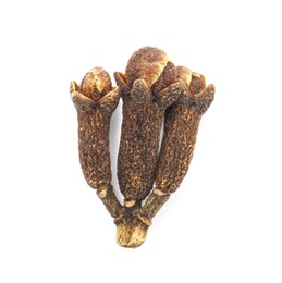 Photo of Aromatic spice. Dry clove buds isolated on white, top view