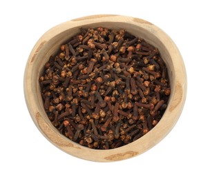 Dry clove buds in wooden bowl on white background, top view. Aromatic spice