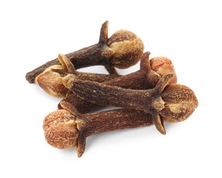 Dry clove buds on white background. Aromatic spice