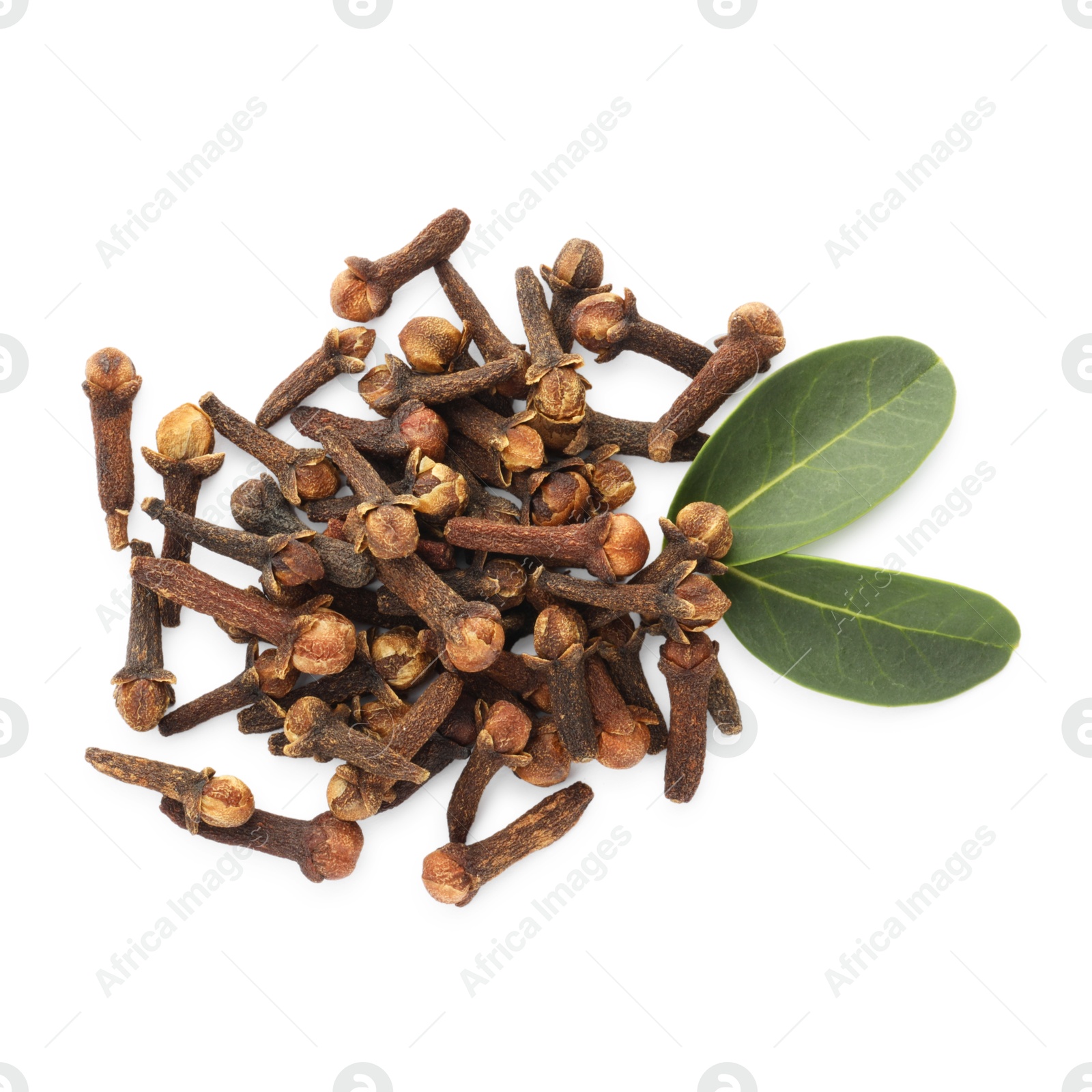 Photo of Dry clove buds and green leaves on white background, top view. Aromatic spice