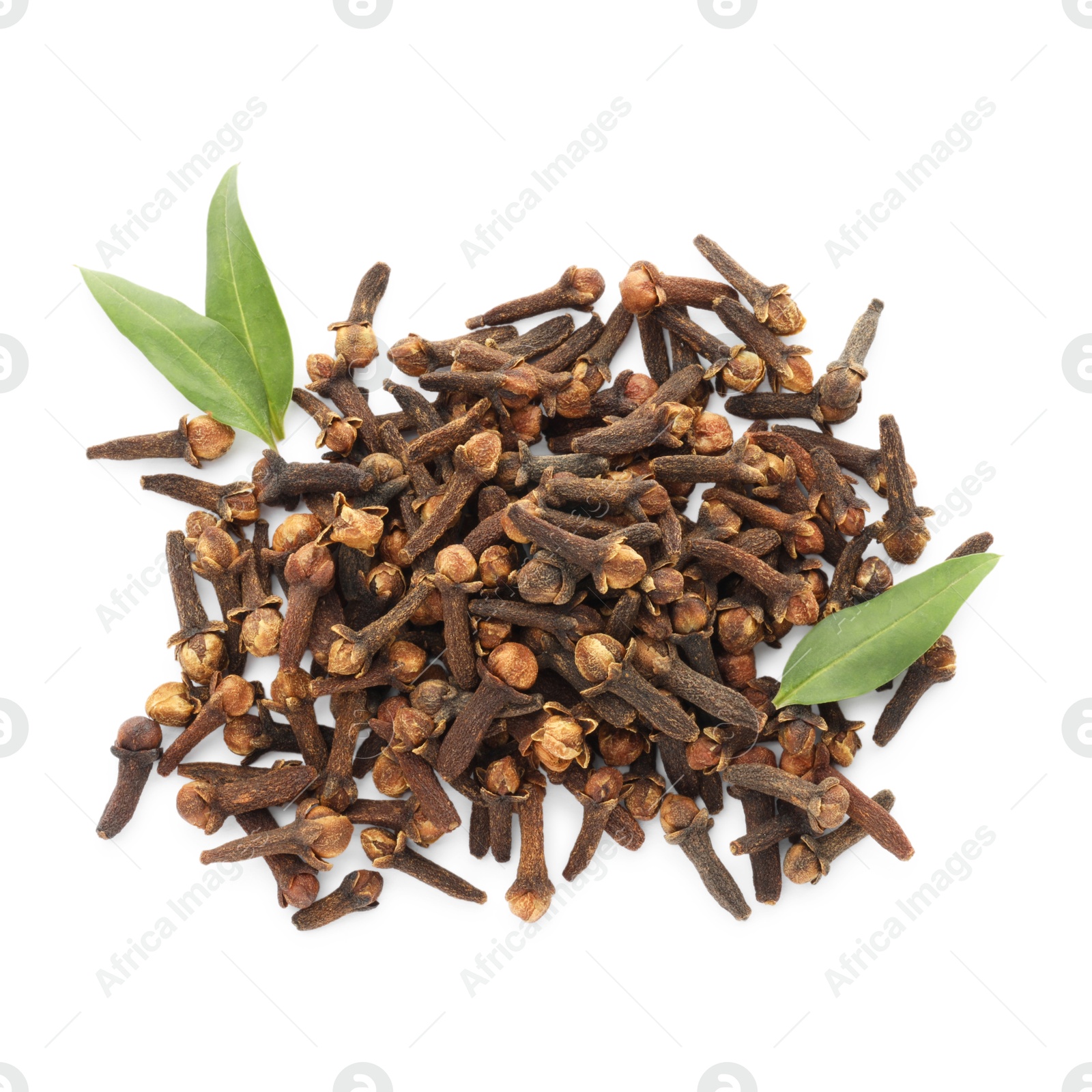 Photo of Dry clove buds and green leaves on white background, top view. Aromatic spice