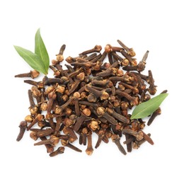 Photo of Dry clove buds and green leaves on white background, top view. Aromatic spice