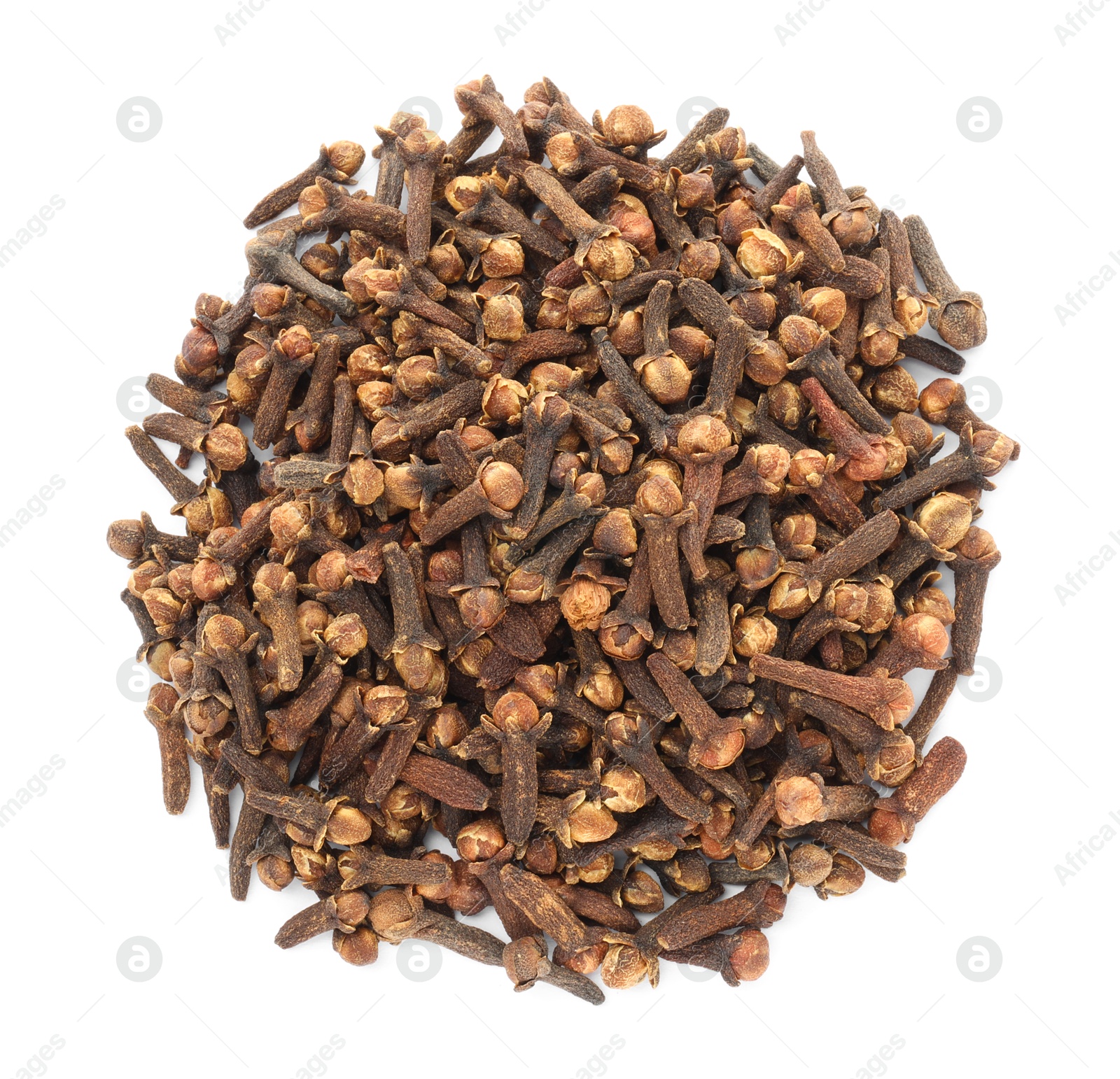 Photo of Pile of dry clove buds on white background, top view. Aromatic spice