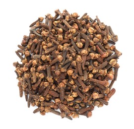 Pile of dry clove buds on white background, top view. Aromatic spice