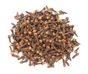 Pile of dry clove buds on white background, top view. Aromatic spice