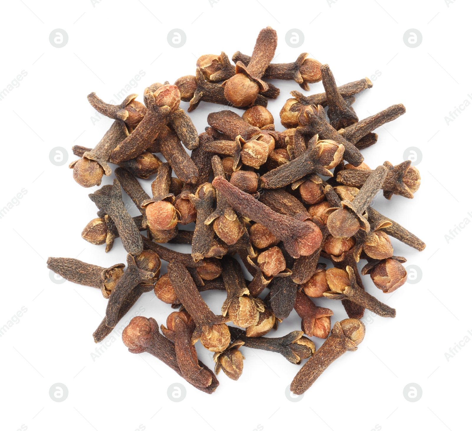 Photo of Pile of dry clove buds on white background, top view. Aromatic spice