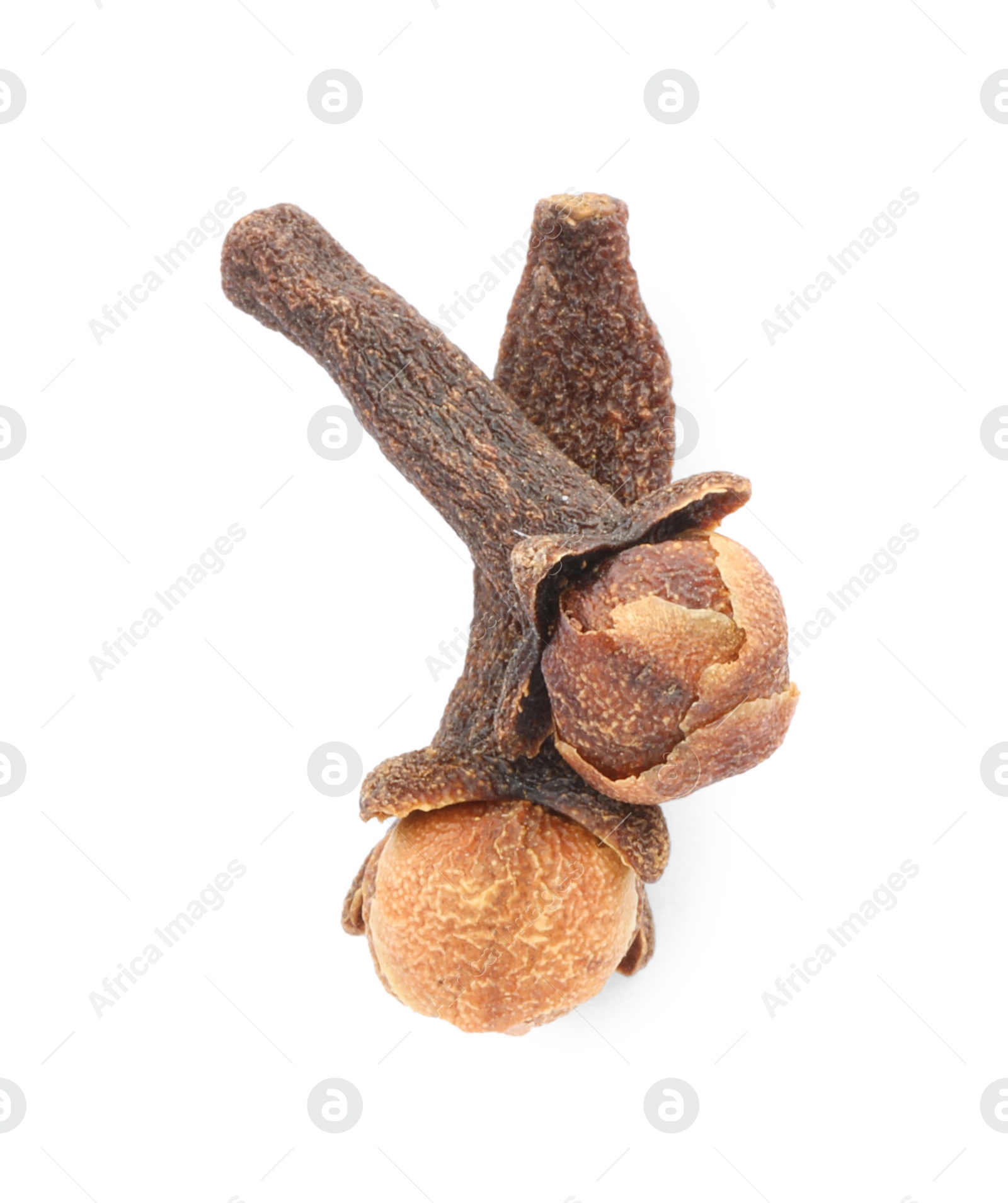 Photo of Dry clove buds on white background, top view. Aromatic spice