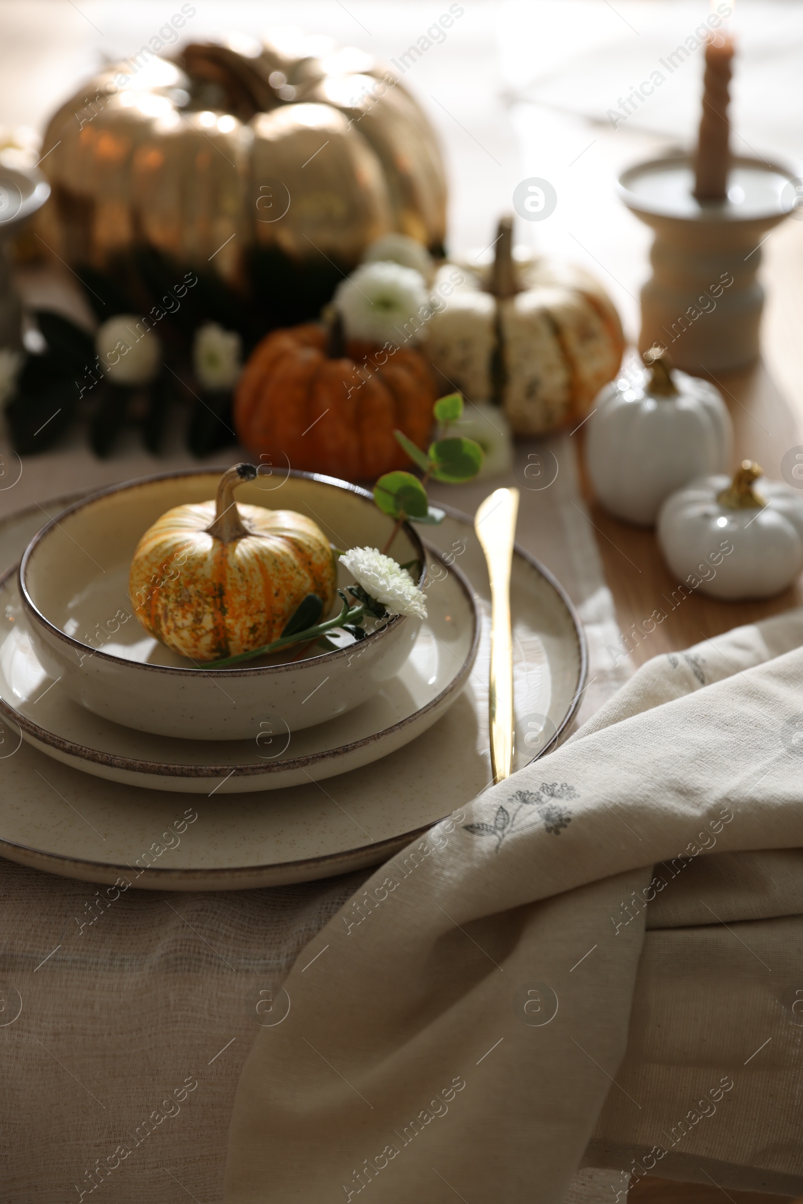 Photo of Stylish table setting with beautiful dishware and autumn decor in dining room