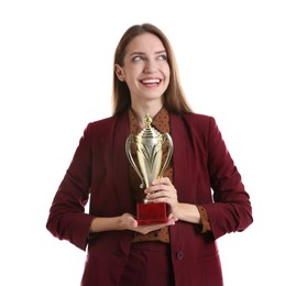 Happy winner with gold trophy cup on white background