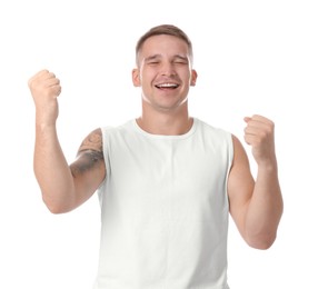 Photo of Portrait of happy winner on white background