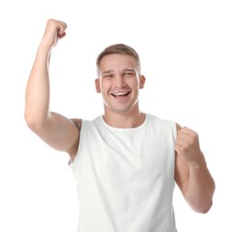 Photo of Portrait of happy winner on white background