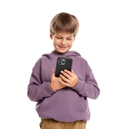 Photo of Cute little boy with smartphone on white background