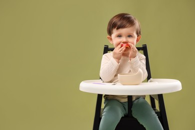 Cute little baby eating healthy food from bowl in high chair on olive background, space for text