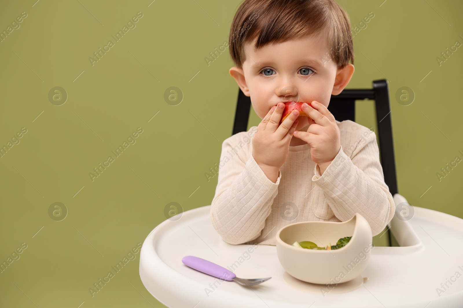 Photo of Cute little baby eating healthy food from bowl in high chair on olive background, space for text