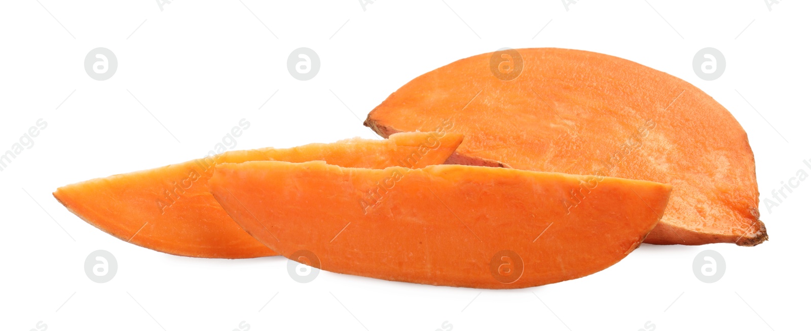 Photo of Pieces of raw sweet potato isolated on white