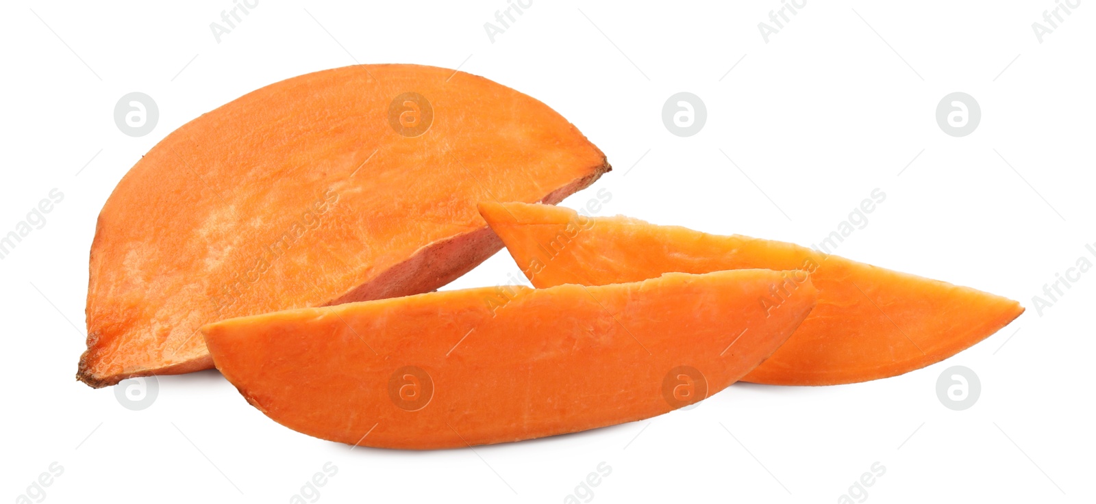 Photo of Pieces of raw sweet potato isolated on white