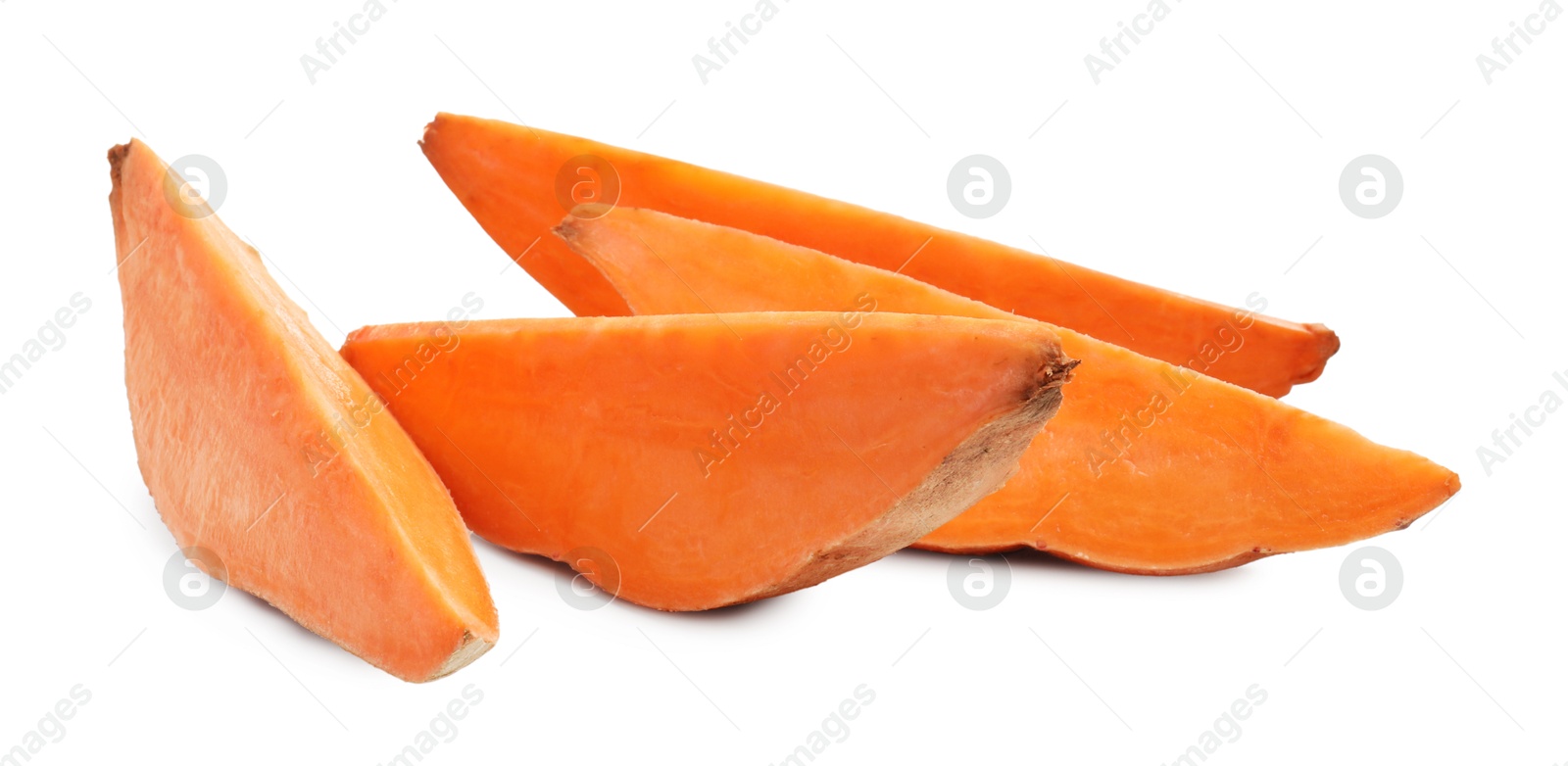 Photo of Pieces of raw sweet potato isolated on white