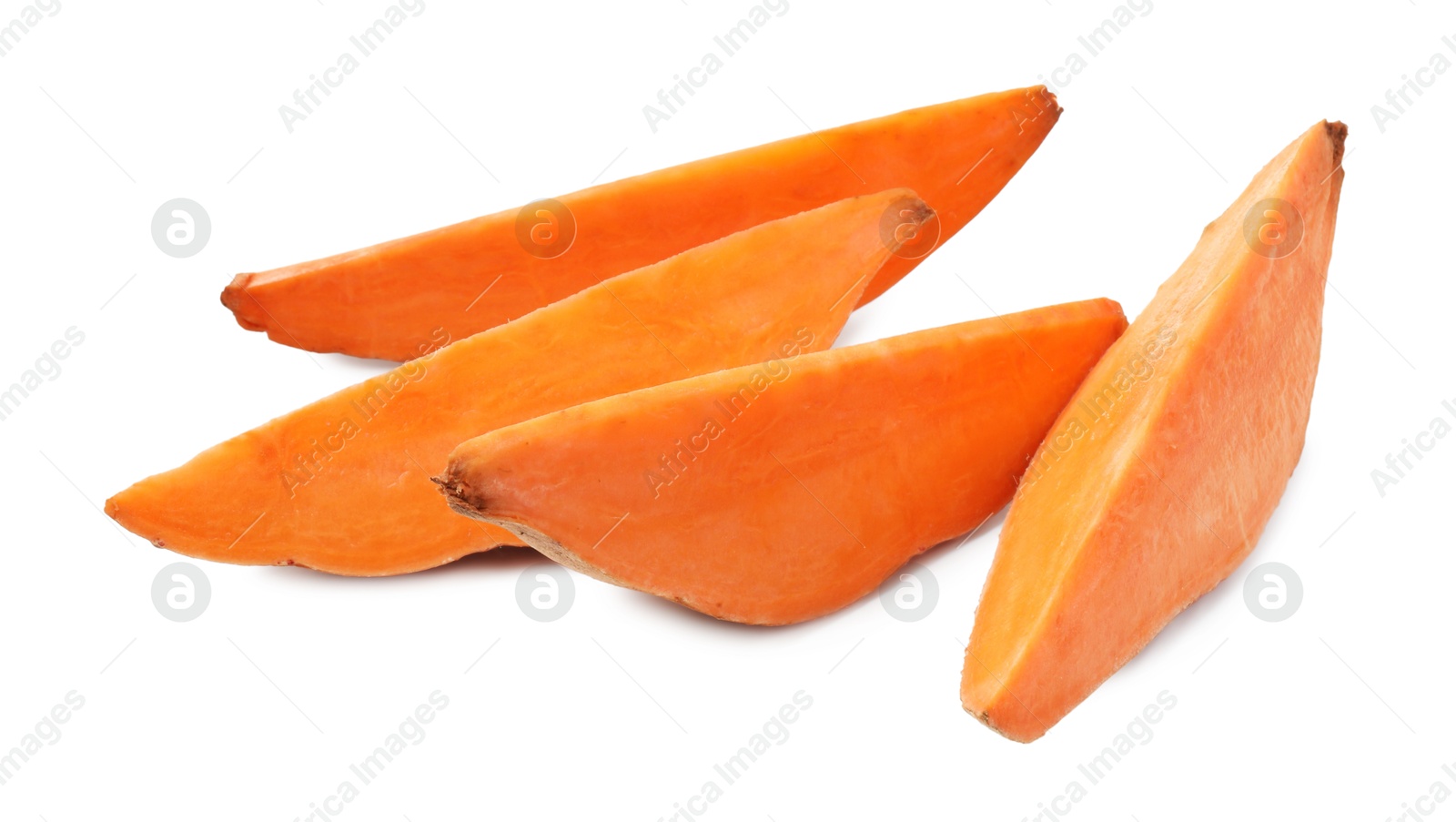 Photo of Pieces of raw sweet potato isolated on white