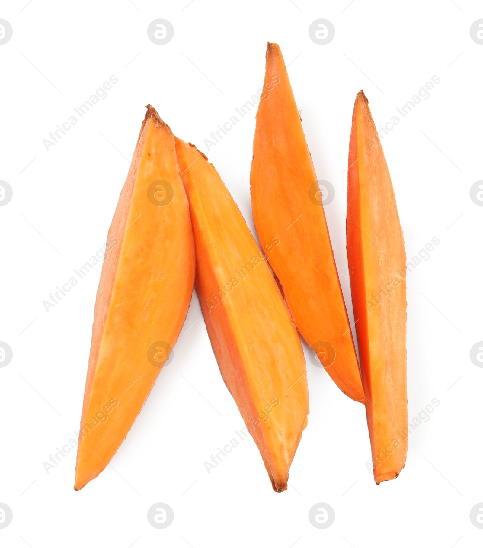 Photo of Pieces of raw sweet potato isolated on white, top view