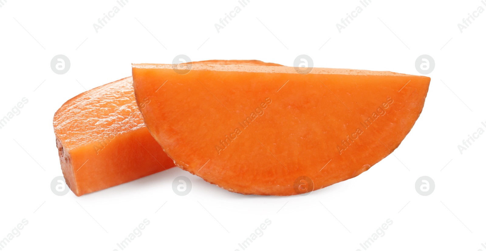 Photo of Pieces of raw sweet potato isolated on white